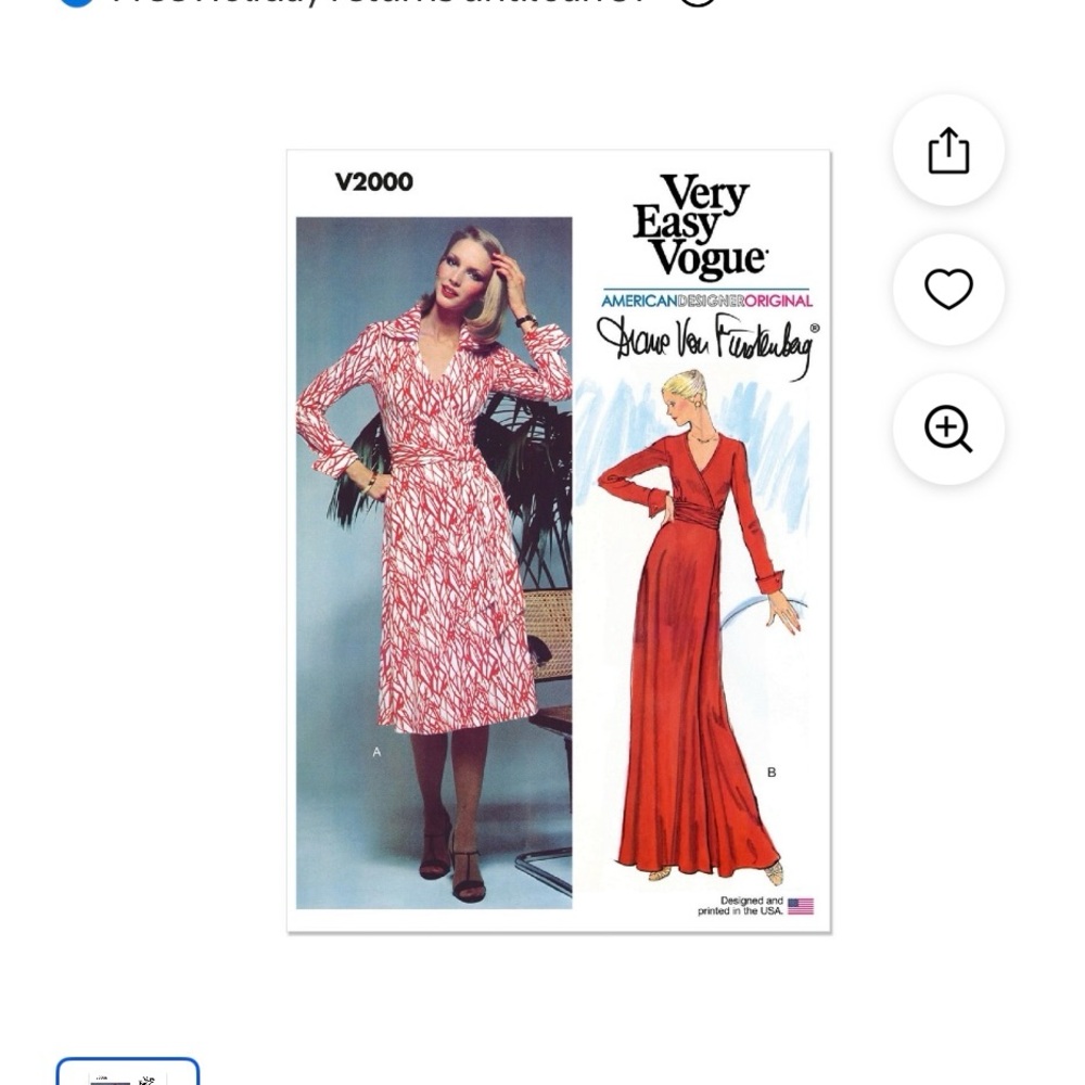 Vogue V2000 Size H5 Misses Diane von Furstenberg 1970's Vintage Dress Sewing